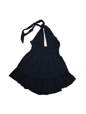 Aerie Black Halter Mini Dress Smocked Waist Open Back Eyelet Size L.